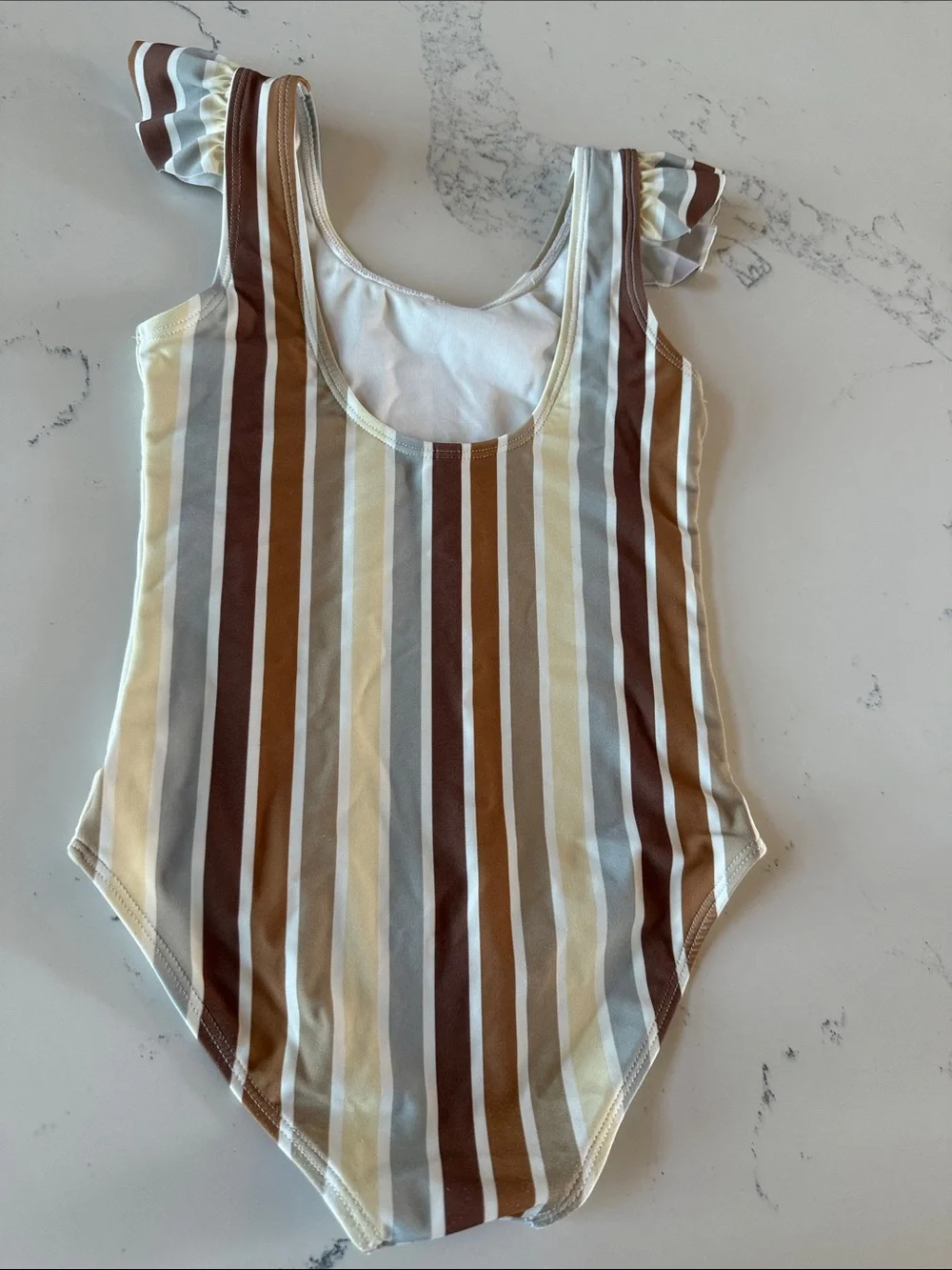 Rylee + Cru multi stripe Brown Cream Color frill one piece Swimsuit size 4-5